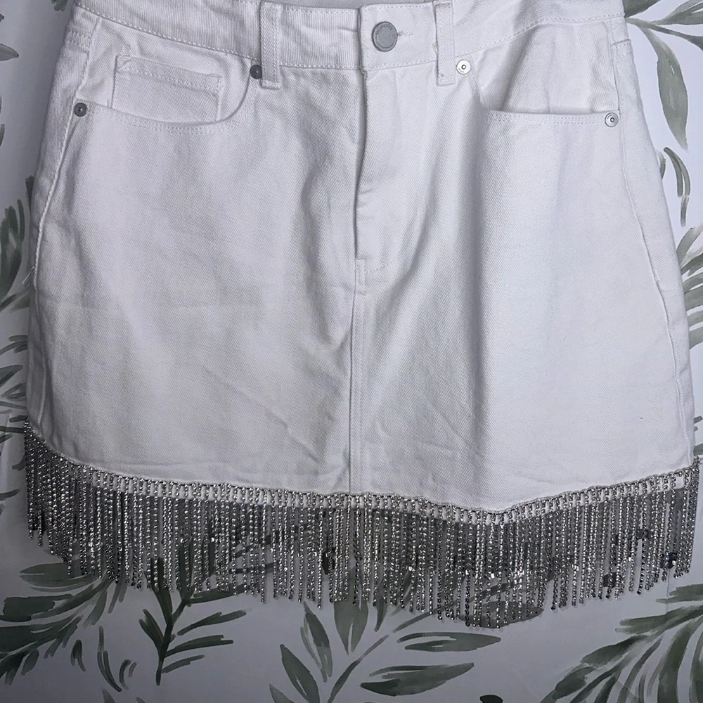 BLANK NYC White Denim Fringe Rhinestone Mini Skirt - Picture 4 of 8